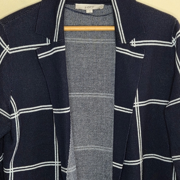 Loft | Navy Blue White Windowpane Striped Open Knit Sweater Blazer Size Large - Picture 2 of 6